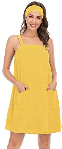 Jamron Mujer Vestido de Toalla de Baño Ajustable con Diadema para Ducha Snuna SPA y Playa Amarillo S