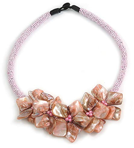 Avalaya Splendida collana con perle di vetro con motivo floreale a conchiglia, rosa chiaro, lunghezza 48 cm, Misura unica, conchiglia, vetro, Nessuna pietra preziosa