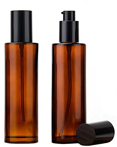 2PCS 120ml/4oz Empty Refillable Amber Glass Lotion Pump Press Bottles Soap Dispensers Containers Jars with Black Cap for Foundation Cream Makeup Removel Oil Shampoo