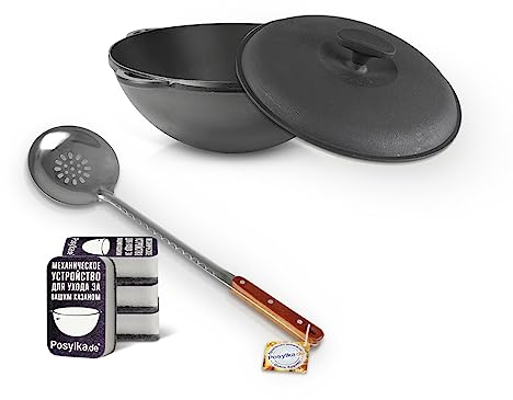 Kazan Hierro fundido Ø 40 cm 12 L con tapa de hierro fundido, esponja espumadera para Plov Uzbekistán olla WOK плов казан Kazan fuego cuchara