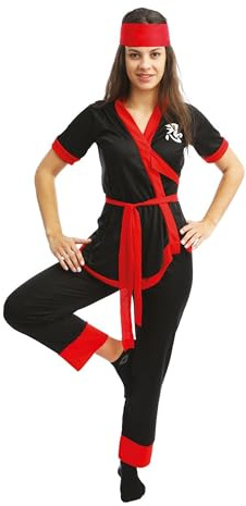 P’TIT CLOWN - Déguisement Ninja Femme - Samouraï - Bandeau, Chemise, Pantalon, Ceinture - Parfait pour Carnaval, Fêtes Costumées et Évènements à Thème - Polyester - Noir, Rouge