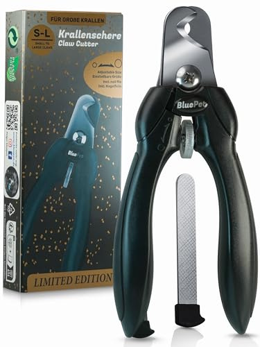 BluePet Tijeras de garras profesionales para perros y gatos, cortador de garras extra fuerte y afilado para garras duras, alicates de garras ajustables a todos los diámetros de las garras + lima en el