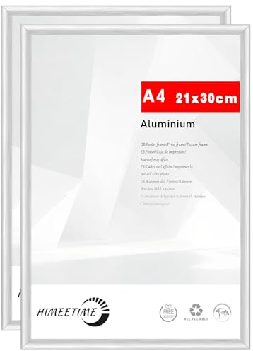 HIMEETIME® 2x Bilderrahmen A4 21x30 cm Silber Metall Rahmen,Dokumentenrahmen 21x29,7 cm Klein Collage,Metallrahmen Alu-Bilderrahmen Aluminium,Picture Frame A4 Fotorahmen