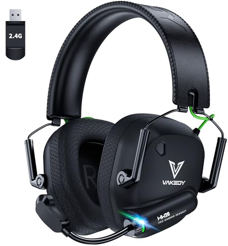Vakedy Cascos Gaming Inalámbricos para PC, PS4, PS5, Mac, Switch, Cascos 2.4GHz USB con Micrófono, Bluetooth Auriculares Gaming Controladores de 50mm, 50H Batería, Baja Latencia, Ligeros - Negro/Verde