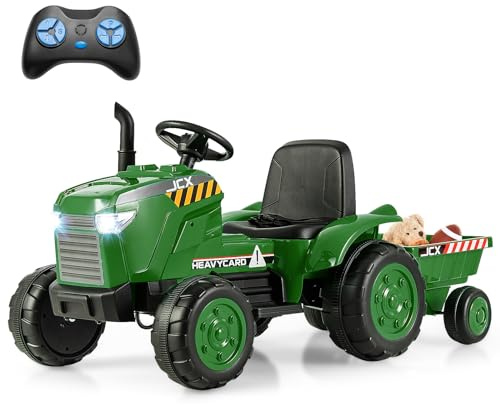 HONEY JOY Kids Ride On Tractor, 12V Battery Powered Electric Tractors with Trailer, LED Lights, Music, 3-Gear-Shift Ground Loader, Toddler Ride On Car with Remote Control (Dark Green)