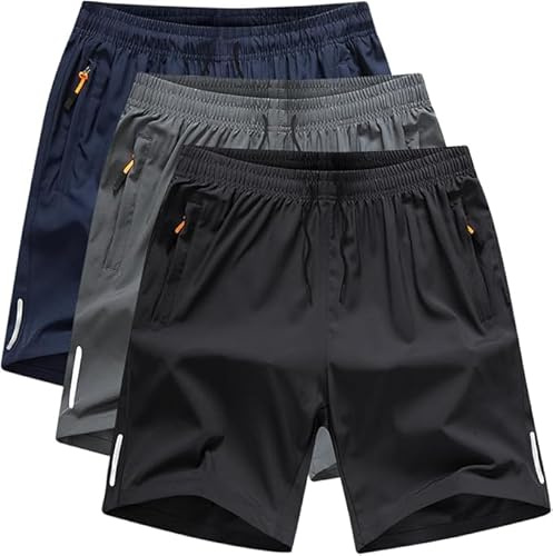 Wulachaka Paquete de 3 pantalones cortos deportivos casuales para hombre, ajuste holgado, seda de hielo/malla, pantalones cortos para correr, gimnasio, playa, con bolsillos con cremallera, pantalones