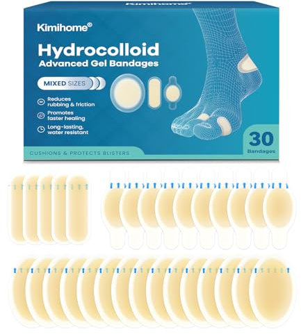 Kimihome Bende idrocolloidali per piedi, in gel da 30 ct, cuscinetti per tallone, dita dei piedi, prevenzione delle vesciche, per viaggi, resistenti all'acqua, confezione assortita