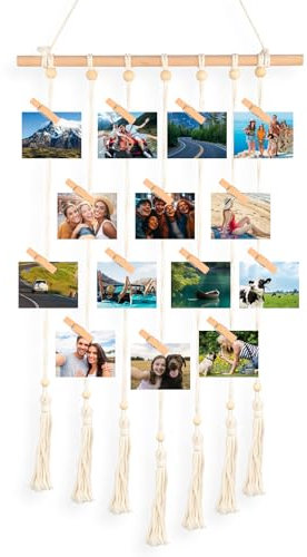 CPENG Album fotografico creativo, cornice portafoto collage con 30 mollette di legno e 2 chiodi, parete fotografica con corda di cotone e asta di legno, decorazione per la casa, decorazione per foto