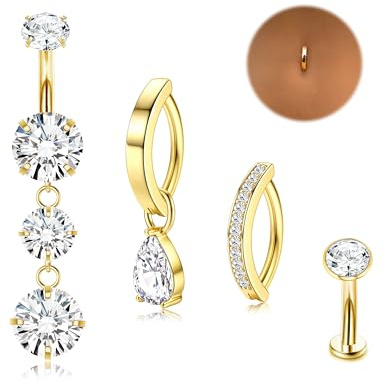 Chriscoco Belly Button-stänger, 14 g, kirurgisk rostfritt stål, navelpiercing, allergivänlig klickare, navelring, silver/guld, dinglande belly, barer kubisk zirkonia, navelpiercing, smycken för