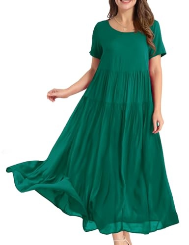 YESNO Women Dresses Casual Plus Size Bohemian Short Sleeve Floral Long Maxi Summer Beach Swing Dress/Pockets L EJFUK DarkGreen