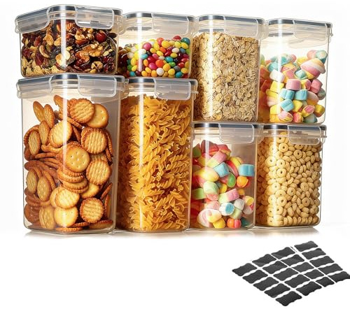 VINATO Botes Cocina Almacenaje, Juego de 8 Recipientes Herméticos para Alimentos Para Frigorífico o Armario para Almacenar Cereales, Harina, Azúcar, Pasta Juego de Etiquetas
