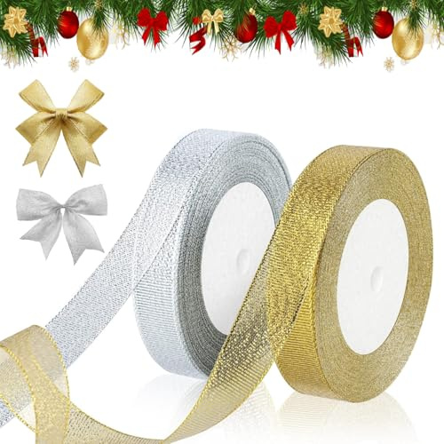 Gyllene Presentband, 2 Rullar Organza-Guldtygband, Guld- Och Silver Organza Presentinslagningsband, Band För Presentinslagning 44 M Glitter Metalliskt Band För Jul Påskinslagning Presenthantverk