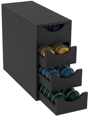 Suli Coffee Pod Holder, Coffee Capsule Storage Organizer,Coffee Pod Organizer for Countertop,Storage Rack with Drawer, 4 Tier,104 Pods,Wood,Black