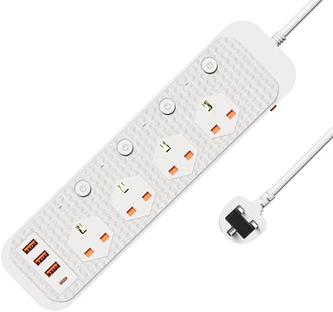 Vonhaus 4 Socket Extension Lead with USB-C & USB-A Ports, 2m Multi-Plug Power Strip with Overload & Surge Protection, Fast Charge Extension Cord, Childproof, Fireproof & Wall Mountable (White)