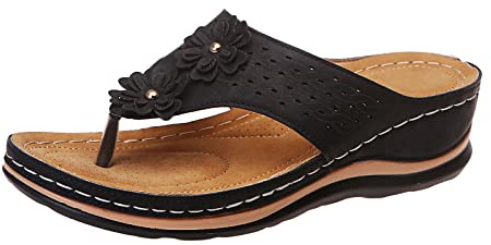 Chanclas de piel para mujer, plataforma de piel, separador de dedos suave, suela suave, sandalias para exteriores, sandalias de verano con puntera abierta, sandalias de verano y playa, Negro , 39 EU