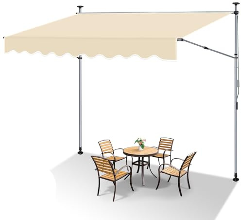 Tubiaz Store de balcon sans perçage - 350 cm de large avec manivelle et barres latérales réglables en hauteur - Résistant aux UV et protection solaire - Pour terrasse - Beige