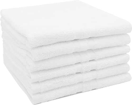 ZOLLNER 6er Set Handtücher in 50x70 cm - Flauschige Badetücher aus Baumwolle - mit moderner Streifenbordüre - waschbar bis 95°C - mit praktischem Aufhänger - in weiß - Hotelqualität