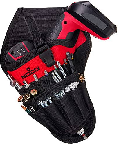 NoCry Left Handed Drill Holster - Balanced Fit for Cordless T-Drills, 17 Accessory Pockets and Open Loops for Tool and Bit Storage, Belt-Attachment
