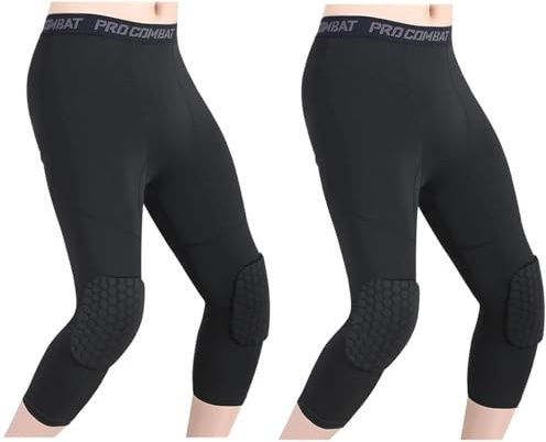 HULG Pantaloni da Basket con Ginocchiere,Pantaloni da Basket da Uomo con Ginocchiere 3/4 Capri Imbottiti Leggings A Compressione Leggings Protezioni Sportive (S,Black)