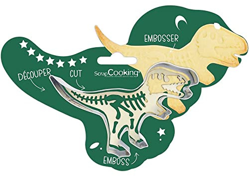 ScrapCooking 2098 - Kit de cortadora y embosador de madera Dino – Cortador Dinosaurio de acero inoxidable para galletas en relieve – Molde accesorio pastelería con mantequilla – Animales, Jungle