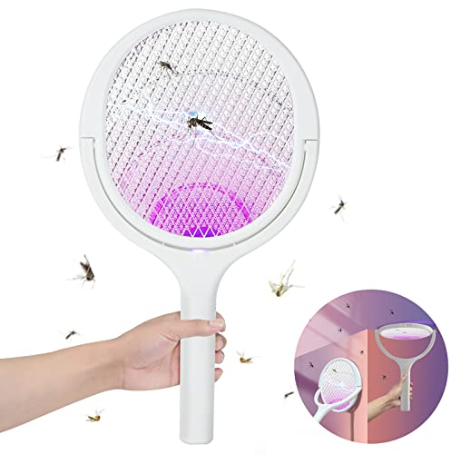 FORMIZON Elektrische Fliegenklatsche, Type-C Wiederaufladbar Elektrisch Insektenfänger, 90 Grad Rotierender Fliegen Insekten Mücken Moskito Killer, Doppelte Schichten Mesh Schutz Mückenfalle Weiß