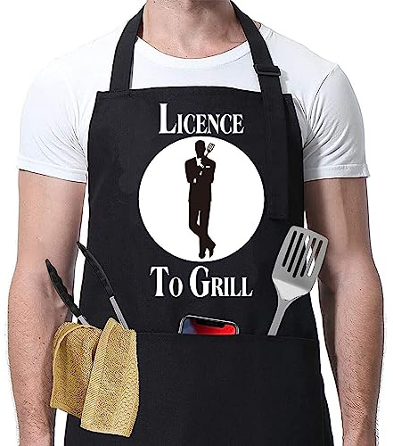 Gadgetking Black Licence to Grill 007 Apron Gift for Him Man Dad Day Ladies Cooking Chef Novelty Birthday Christmas Stocking Filler Secret Santa Rude Silly Presents Him Husband Dad Boyfriend Uncle