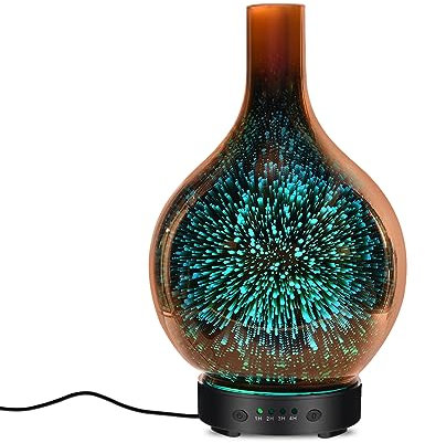 Difusor de aromaterapia ultrasónico de 120 ml para aceites esenciales con cristal hecho a mano, sin bisfenol A, apagado automático, 4 ajustes de temporizador, 7 opciones de luz LED de color variables