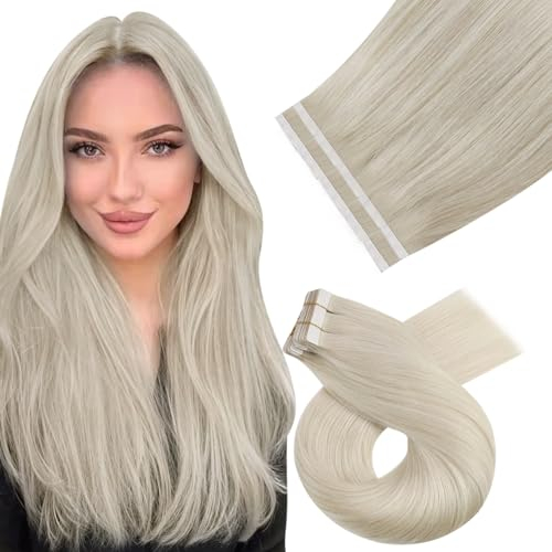 Moresoo Extensions Echthaar Tape in Extensions Echthaar Blond Gesträhnt Remy 40cm Haarverlängerung Echthaar Tapes Platinblond Extensions Glatt 10 Stück 25 Gramm #60