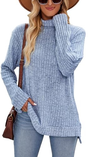 Famulily Women's Longline Jumper Sweater High Neck Long Sleeve Side Split Ribbed Winter Clothes Tops (M, Blue)