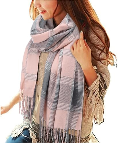 heekpek Bufanda Mujer Invierno Otoño Tartan Bufanda Caliente Suave Larga Bufanda Cachemira Mujer con Borlas, Gris rosado