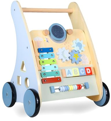 Looping Chariot de Marche Multi-activités en Bois pour bébé - ludique et éducatif - Jouet d'activité et de développement - Apprentissage de la Marche - Cadeau | Bleu
