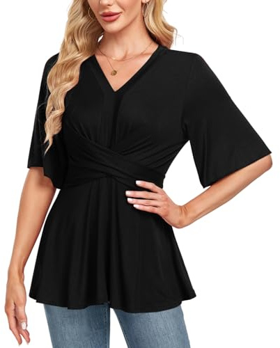 MINTLIMIT Womens Peplum Tops 2025 V Neck Ruffle Short Sleeve Tie Back Elegant Blouse Dressy Casual Work Shirts Black