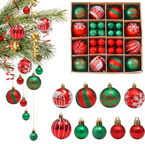 44 Pezzi Palline di Natale,dellyy Decorazioni Albero di Natale,Palline Albero di Natale in Plastica,Addobbi Natalizi Albero di Natale Palle di Natale con Cordino per Natalizie,Feste (rosso e verde)