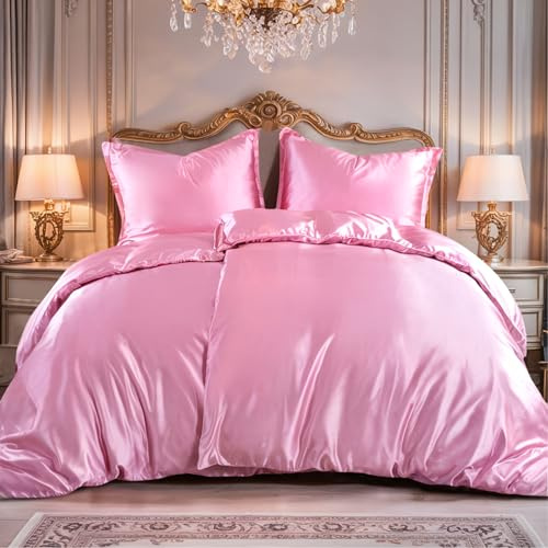 RUIKASI Satin sängkläder 135 x 200 4 delar – silkeslent påslakan rosa med glans som sidensängkläder set för hår och hud, glänsande sängkläder 135 x 200 cm med dragkedja och örngott 80 x 80 cm