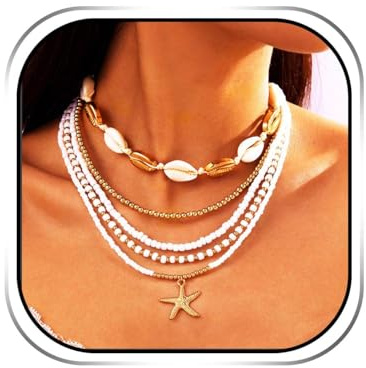 Handcess Boho Beaded Layered Necklace White Shell Choker Necklaces Starfish Pendant Necklace for Women