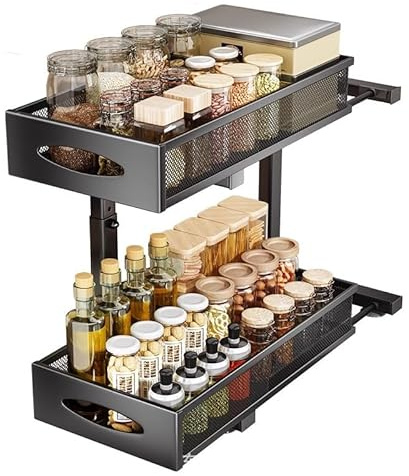 Tiroir Télescopique à 2 Couches Extensible - Étagères de Rangement pour Armoires de Cuisine, Étagères à Tiroirs Coulissantes - Pas de Perçage Ni de Clouage - Noir