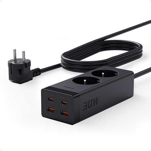 TESSAN 30W USB-C Uttag, GaN USB-C Snabbladdare med 2 portar, Förlängningssladd med 5 meter och överspänningsskydd 3600W för kontor, svart | GaN USB C snabbladdning, överspänningsskydd, 3 600 W, för kontor