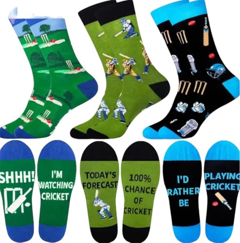 Cricket Socks, 3 Pairs in a box, Fun Cricket Themed Design, UK Size 7-11, Perfect Cricket Gift