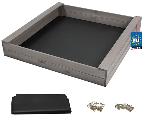 KOTARBAU® Sandlåda för Barn 140 x 140 cm, Träsandlåda för Trädgård | Grå, Sandlåda med 2 Bänkar, Impregnerat Furuvirke, med Sandlådeväv