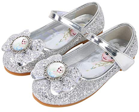 Eleasica Zapatos de Vestir Niña Princesa Elsa Zapatos de Disfraz Punta Cerrada Navidad Cumpleaños Regalo Sandalias de Vestir Sin Tacón Lentejuelas Cosplay Carnaval Halloween,Plateado,23