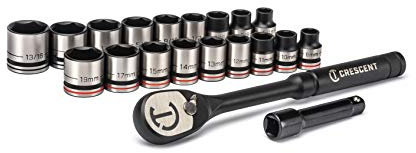 Crescent CSWS38B X10 Socket Wrench Set, 20 Pieces, with Low-Profile Head and Flush-Mounted Lever, 3/8 / 9.525 mm