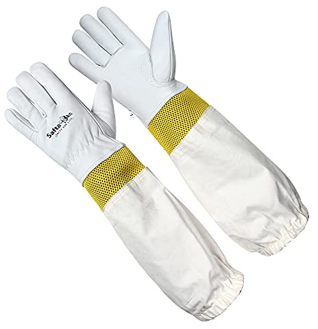 SAFTA Premium Quality Cow Hide Beekeeping Gloves, Bee keepers Gloves for Professionals, Ventilated Long Sleeves, Elastic Cuffs Sting Proof Bee Gloves, Light Thorn proof Gardening Work Gloves. (M)