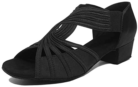 HIPPOSEUS Ladies' Latin Dance Shoes Black Low Heel 1 1/4inch Ballroom Salsa Bachata Dancing Heels,4.5 UK