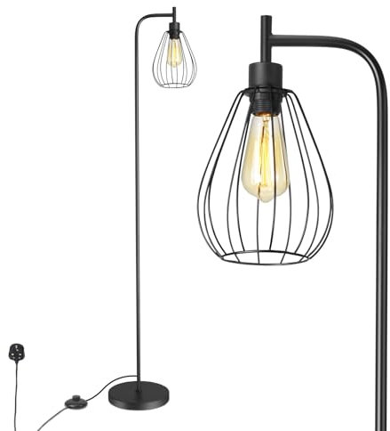 ArcoMead Industrial Floor Lamp, Black Standing Lamp Tall Pole Light with Teardrop Cage Head, Whole Metal Rustic Floor Lamp with Foot Switch for Bedroom, Living Room Farmhouse Office
