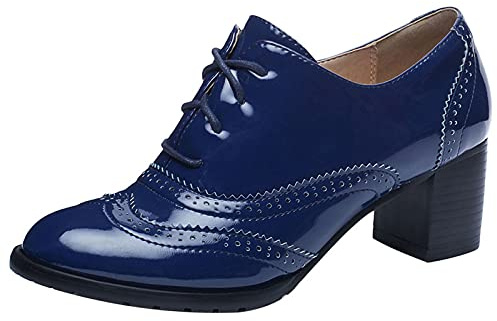 Lizoleor Richelieu Femme Talon Carré Moyen Bout Fermé Lacets Oxford Robe De Bureau Rétro Classique Vernis Uniforme Habillée Bleu Taille 38 EU/39CN