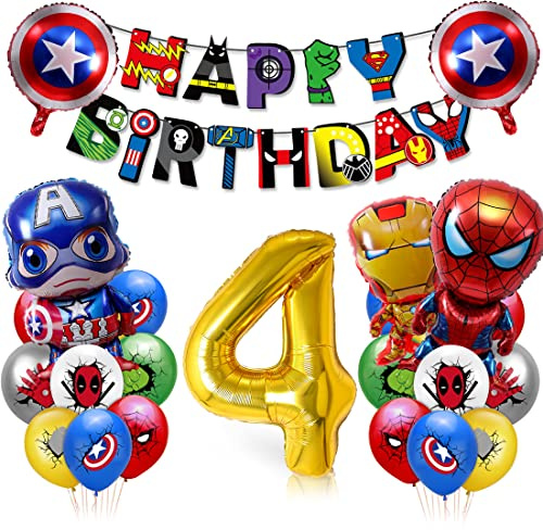 Decoration Anniversaire Garcon - XXL Ballon Chiffre 4 en Feuille et Latex Héros Rouge Jaune Bleu Pour Enfant Fête