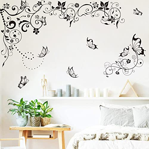 Runtoo Hanging Flower Vine Wall Stickers Black Floral Butterfly Wall Decals for Bedroom Living Room Home Decor