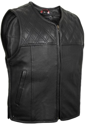 MDM herr läderväst, biker Clubstyle, svart äkta nötskinn med diamantquiltning och perforerat läder, justerbara sidor, ärmlös
