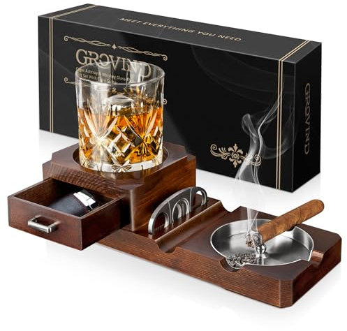 Grovind Zigarren Aschenbecher und Whiskey Glas Tablett - Abnehmbarer Outdoor Aschenbecher für Zigaretten, Zigarren Zubehör Geschenkset mit Zigarrenschneider - Tolle Dekoration für Zuhause
