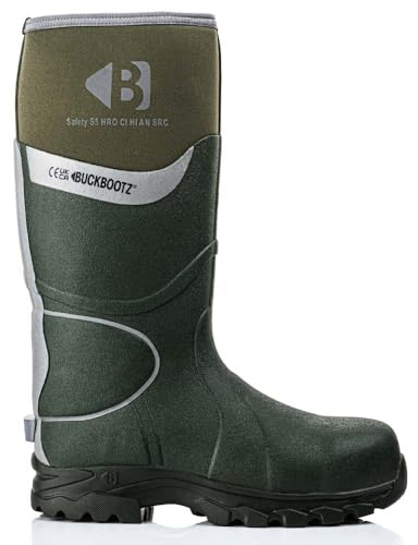 Buckbootz BBZ8000 GREEN BUCKLER SAFETY REFLECTIVE FULL SAFETY WELLINGTON BOOT ANKLE PROTECTION & SUPPORT WATERPROOF METAL FREE (Green, UK Footwear Size System, Adult, Men, Numeric, Wide, 10)